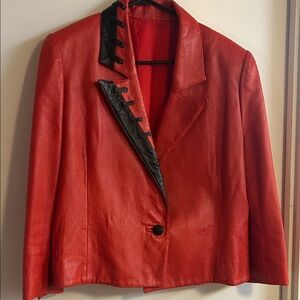 Vintage Red Leather Statement Jacket with Black Lace-Up Lapel & Shoulder Pads